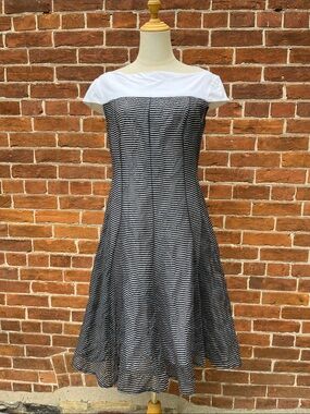 Anett Rostel White, Navy and and Black Striped Fit-and-Flare Dress